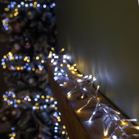 12.4m 960 LED ClusterBrights Christmas Lights with Timer in Warm & Cool White Clear Cable (1/5)