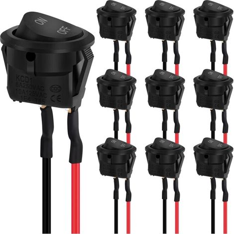 10 Stück schwarze runde Kippschalter, Hanibos EIN/AUS Mini-Rundkippschalter AC 6A/250V 10A/125V SPST 2-polige Kfz-Schalter mit vorverdrahteter