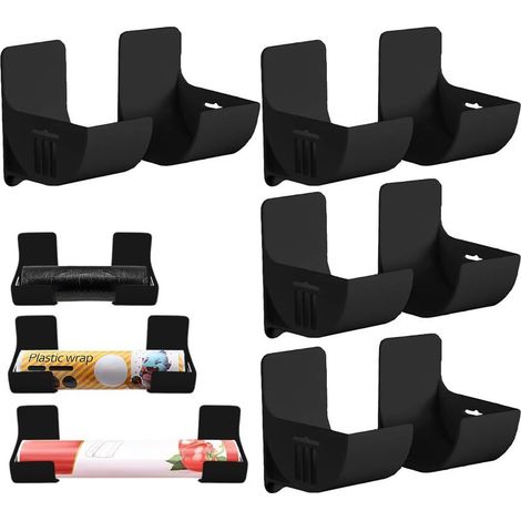 4 Paires Film Alimentaire Support Rangement Porte,Adhésif Étagère Murale Avec Pour Armoire Salle De Bains Réfrigérateur Boîte D'Organisation Mur Rouleaux Cuisine,Noir (1/5)