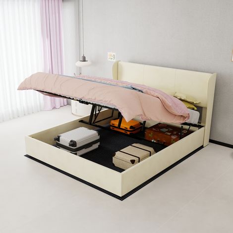 Lit rembourré moderne et minimaliste, 160x200 cm, beige, meuble de chambre multifonctionnel avec tête de lit douce et confortable (1/5)