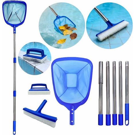 Kit per la pulizia della piscina da 215 cm, set da cinque pezzi con spazzola skimmer, spugna e manico telescopico, per piscine, laghetti e spa, kit completo per la manutenzione. (1/5)