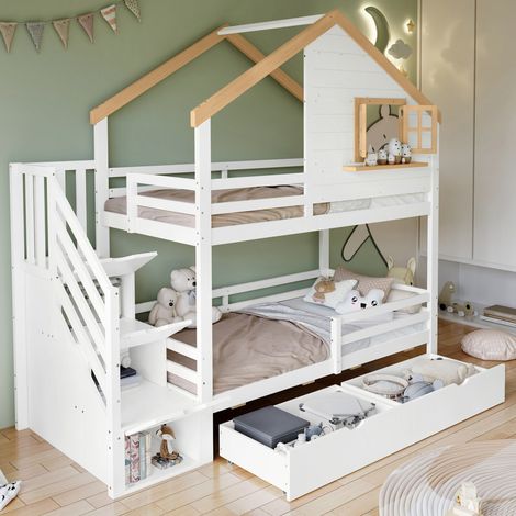 Etagenbett 90x200 cm Weiß und Natur aus Massivholz und MDF mit Treppe und Stauraum (1/5)