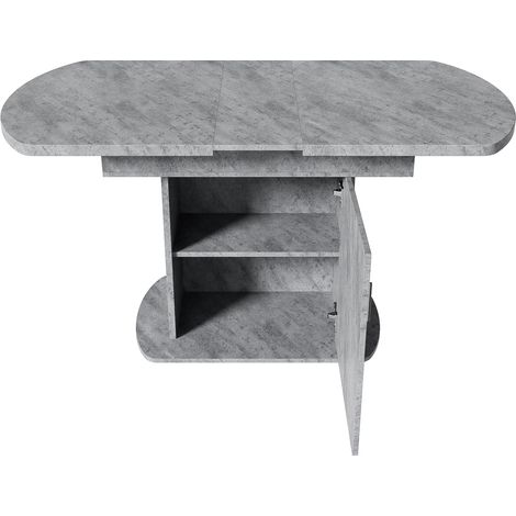 Table à manger ovale extensible avec rangement, L110/130 x P70 x H75 cm, surface imitation béton, poignées argentées (1/5)