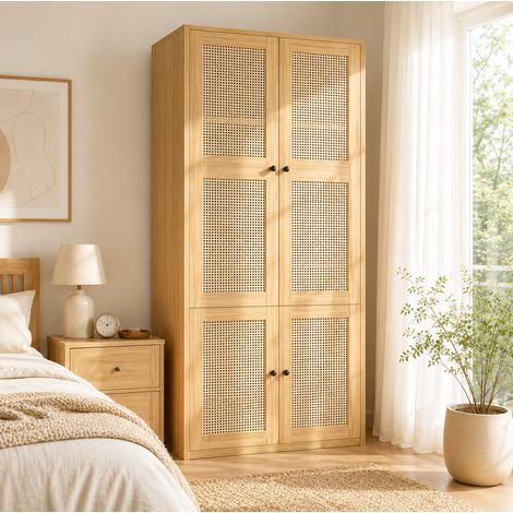 MODFU – Armario 90x47x200 cm de MDF/ratán con ropero, 3 cajones, 4 compartimentos, puertas de ratán y carga 30/20 kg – Roble (1/5)