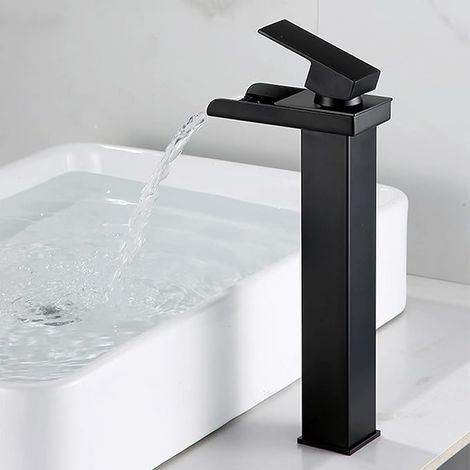 Robinet Mitigeur Lavabo Haut Noir Cascade Large Ouverture G1/2 Design Contemporain (1/5)