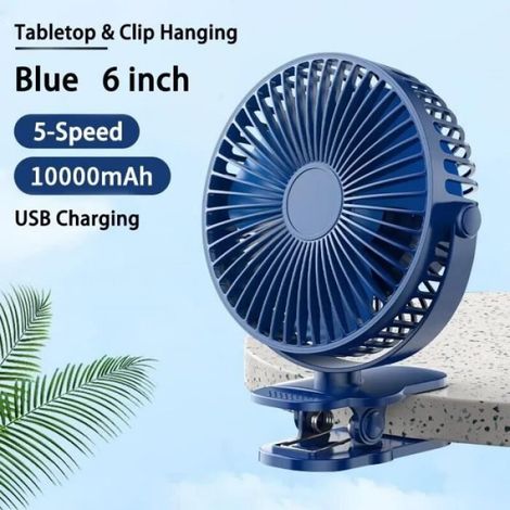 Ventilateur Bureau - Rechargeable 5000/10000 mAh - Rotation 720° - 5 Vitesses - Bleu - 1 Pièce
