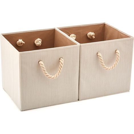 Lot de 2 Grande Cubes de Rangement Pilable en Tissu avec Poignée en Corde de Coton, Organiseur Boîte de Rangement pour Chambre d’Enfant, Vêtement, Jouets - 32 x 32 x32 cm / Beige (1/5)