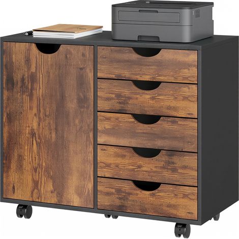 Büroschrank mit 5 Schubladen, 1 Tür, verstellbarem Einlegeboden und fahrbarem Druckerstandfuß, 78 x 40 x 66,5 cm, Eiche