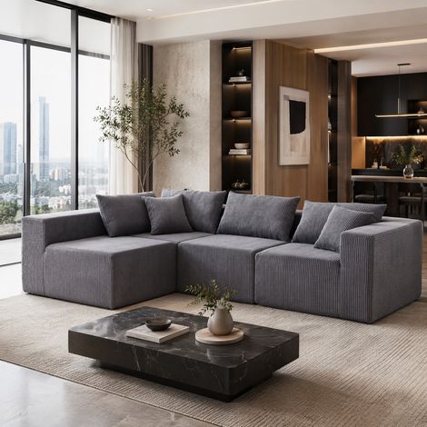 Modulares L-Form Sofa aus Cord Grau 4-teilig OKMYHOME (1/5)