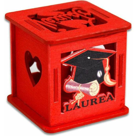 Trade Shop - Scatolina Cubo In Legno Rosso Con Coperchio Porta Confetti Bomboniera Per Laurea - (1/2)