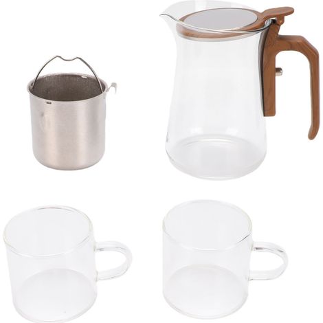 Théière en verre avec infuseur en titane de 600 ml, tasses et couvercle magnétique à charnière. (1/5)