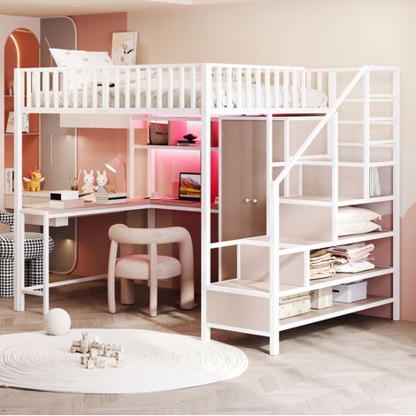 Letto a soppalco in metallo 140 x 200 cm con scrivania, armadio, ripiani, LED, bianco (1/5)