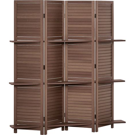 HOMCOM biombo plegable de 4 paneles de madera, 162x170 cm, biombo separador de ambientes con 3 estantes, diseño de persianas, nogal (1/5)