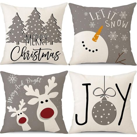 Housses de coussin de Noël (45 x 45 cm), lot de 4 : motifs bonhomme de neige, renne et sapin de Noël  décoration hivernale pour coussins de canapé. (1/5)
