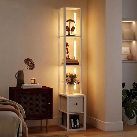 Lampe de pied moderne blanc avec étagères ouvertes, tiroir en tissu et interrupteur au sol pour chambre et salon