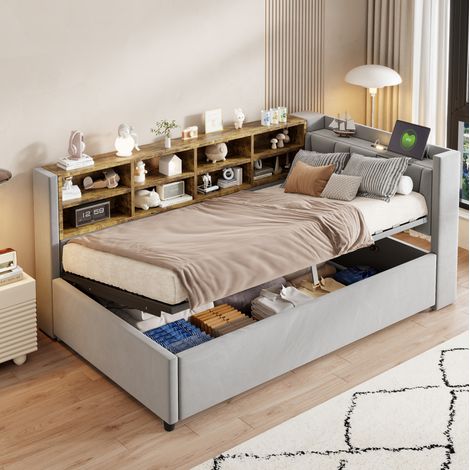 Letto contenitore singolo 90x200 cm, con sollevamento idraulico, porta USB e Type-C, in velluto grigio chiaro (1/5)