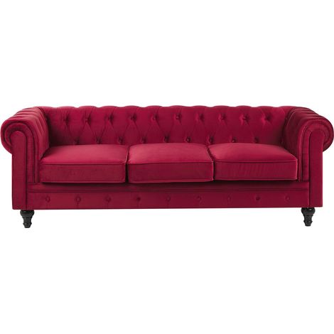 Beliani – Canapé Chesterfield 3 places en velours rouge foncé – Assise large et rembourrée – Dossier capitonné – Bois d'hévéa