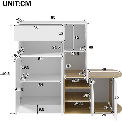 Meuble à chaussures moderne avec banc intégré, 1 tiroir, 5 portes et étagère ouverte, grand espace de rangement pour entrée et couloir, blanc aspect bois, 130 × 35 × 110,5 cm (1/4)