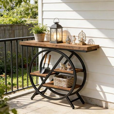 Table console avec 3 étagères décalées, en métal, noir et marron rustique, 100x30x82 cm