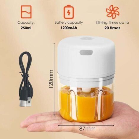 Elektrischer Mixer mit 250 ml Fassungsvermögen, USB-Ladegerät, tragbares Mini-Gerät, mit 3 Klingen in rostfreiem Edelstahl für Cipolle, Aglio, Carne, Grün und Frutta (weiß) (1/3)