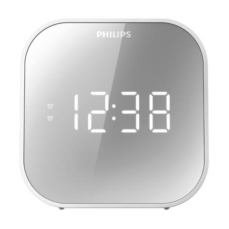 FM-Radiowecker - Großes Display - Doppelter Alarm - Schlummerfunktion - Programmierter Stopp - USB-Ladung - Weiß/Spiegel - Philips