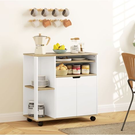 Carrito de cocina con ruedas, 80x40x82 cm, madera natural y blanca, armario, estantes abiertos y estante regulable (1/5)