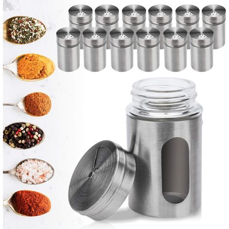 12 Gewürzstreuer Perfekte Gewürzaufbewahrung. 80ml Glas-Gewürzdosen mit Sichtfenster & 3 Fach Streuregulierung zur Aufbewahrung von Gewürze und nTeekräutern (Silber)