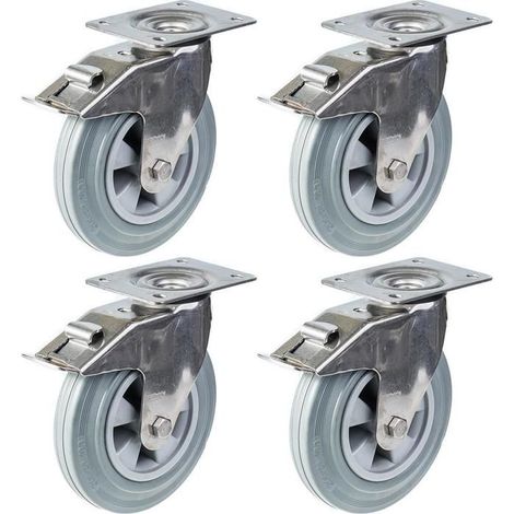 Swivel casters - PARNELLS - 200 mm - Stainless steel - Grey rubber - Integrated brake