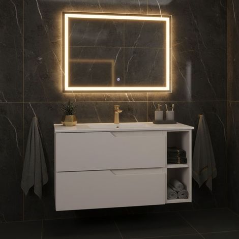 Meuble de salle de bain suspendu 100 cm, beige, plan de toilette, 2 tiroirs et étagère latérale, sans vasque – MODERN (1/5)
