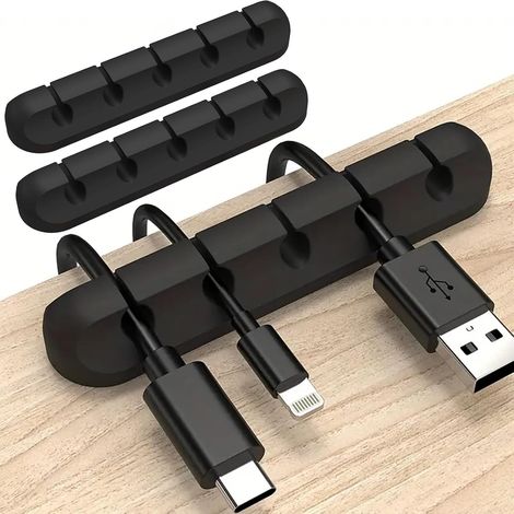 Juego de 3 clips organizadores de cables con soportes de silicona de 5 ranuras para el hogar, la oficina y el coche: organiza cables USB, cables de carga y accesorios de escritorio (negro). (1/4)