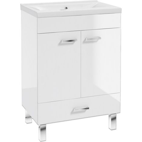 Waschtischunterschrank mit Waschbecken – 50 x 40 cm – Hochglanzweiß – 1 Tür – 1 Schublade
