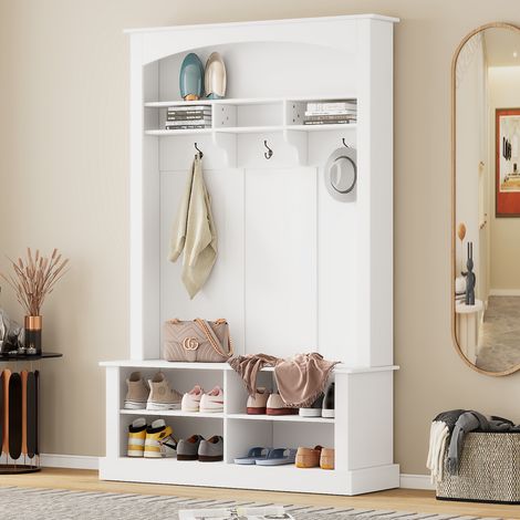 Schuhschrank 190 cm, mit Bank, Garderobe, verstellbaren Ablageböden, Haken, modernes Design, für Flur, Eingang oder Vorraum – Weiß