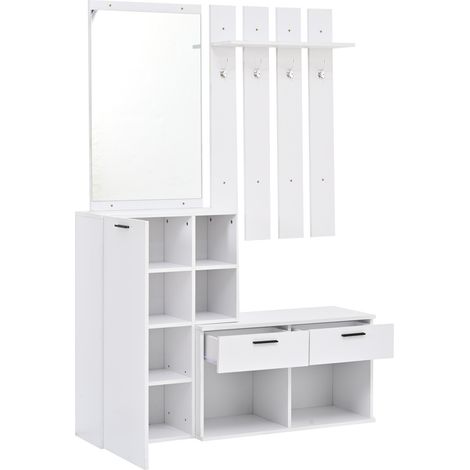 Recibidor con zapatero, espejo y 2 cajones, MDF blanco, 120 x 35 x 175,5 cm (1/5)