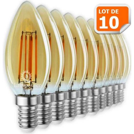 Lampesecoenergie – Lot de 10 ampoules led flamme filament doré 4W (éq. 42W) culot E14 – Luminosité 420lm – Couleur 3000K – Angle d'éclairage 300° (1/3)