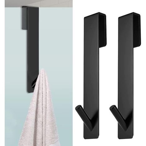 Porte-serviettes de salle de bain en 2 parties avec crochets en verre noir pour parois de douche. Convient pour suspendre serviettes de toilette, éponges de bain, pyjamas, etc. (1/5)
