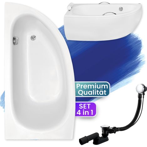 Badewanne Eckbadewanne 150x70 Links mit AcrylSchürze, Ablaufgarnitur & Füßen GRATIS - Komplettset 4in1 Original Acryl Wanne Siphon - BADLAND MILENA (1/5)
