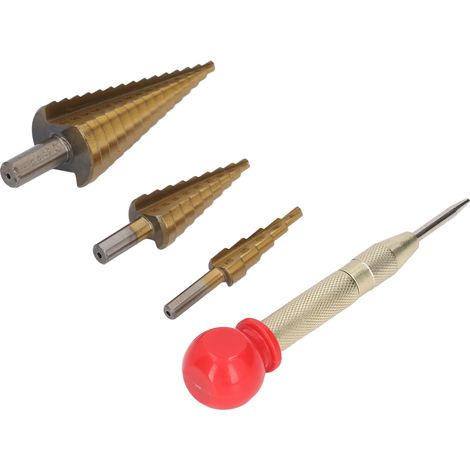 3-teiliges Stufenbohrer-Set aus hochfestem Schnellarbeitsstahl mit robustem Dreikantschaft und Körner (1/5)