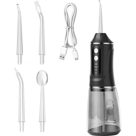 Irrigador bucal inalámbrico - Hilo dental eléctrico - Mejora la higiene bucal - 3 modos de limpieza - Depósito de 380 ml - Negro (1/5)