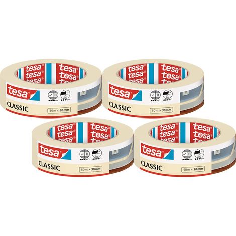 tesa Nastro per Mascherature CLASSIC, Nastro adesivo per lavori di pittura, Senza solventi, rimovibile senza lasciare residui, 4x 50 m x 30 mm (1/4)