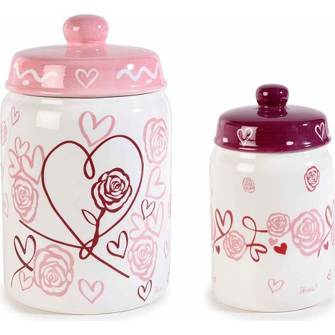 Barattoli da cucina in ceramica colorata decorata con rose e cuori, adatti anche a San Valentino e Festa della Mamma, Grande: Ø 11,5 cm x 19 H