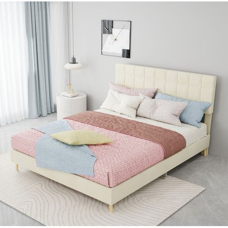 Bett modern aus Samt Beige 140x200 cm mit gepolstertem Kopfteil im Karomuster