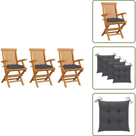 Chaises de jardin avec coussins anthracite lot de 3 Bois teck - Chaise De Jardin - Mobilier De Jardin - Chaise En Bois - Terrasse - Jardin (1/5)