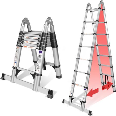 Échelle Télescopique Pliante en Aluminium 5m Argenté avec Stabilisateur, Portable et Robuste Échelle Multifonction Télescopique de Toit (1/5)
