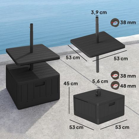 Pied de parasol 3 en 1, lestable jusqu'à 80 kg, avec système de plantation, roulettes, plateau carré, support pour parasol, lest pour parasols de Ø 38/48 mm, pour balcon, noir (1/5)