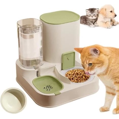 Distributeur de croquettes pour chat (vert) - 2 en 1 - Facile à nettoyer - Abreuvoir automatique - Vert