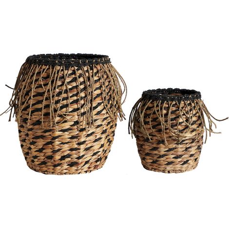 Panier Boho Chic en Fibres Naturelles - Noir et Beige Tressé (1/5)