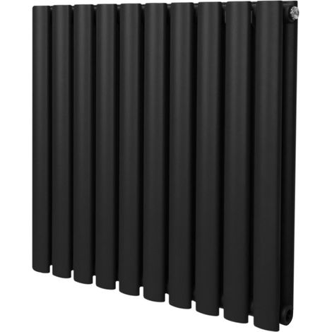 Radiatore a colonna ovale 600 mm x 600 mm Designer Doppio pannello Termosifone Nero Acciaio Orizzontale Inclusi Spazzola per la pulizia Kit di fissaggio e staffe