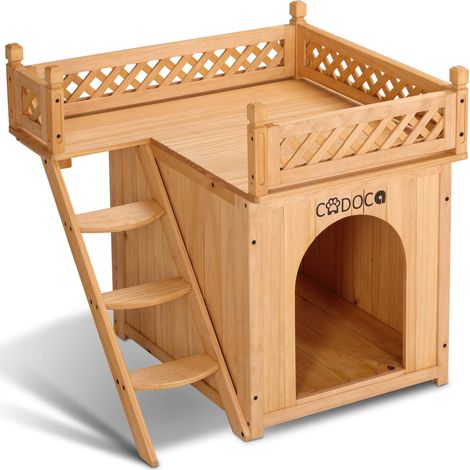 CADOCA® Tierhaus FSC®-zertifiziertes Kiefernholz 66x53x64cm 2-stöckig Treppe Sonnenterrasse Katzenhaus Katzenhütte Hundehütte Katzenvilla Lodge Balkon