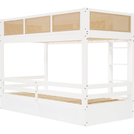 Cama litera infantil 90x200 cm con 3 cajones, escalera y barreras, blanco y natural (1/5)