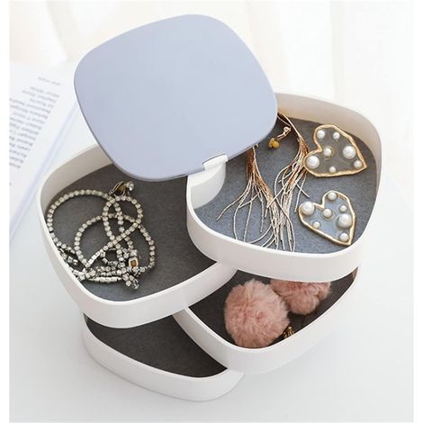 Boîte à bijoux rotative à 360° avec étagère de bureau à plusieurs niveaux et miroir (blanche) (1/3)